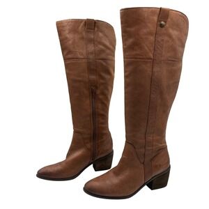 Vince Camuto Brown Leather Knee High Boots Side Zip Block Heel Women's Size 7.5